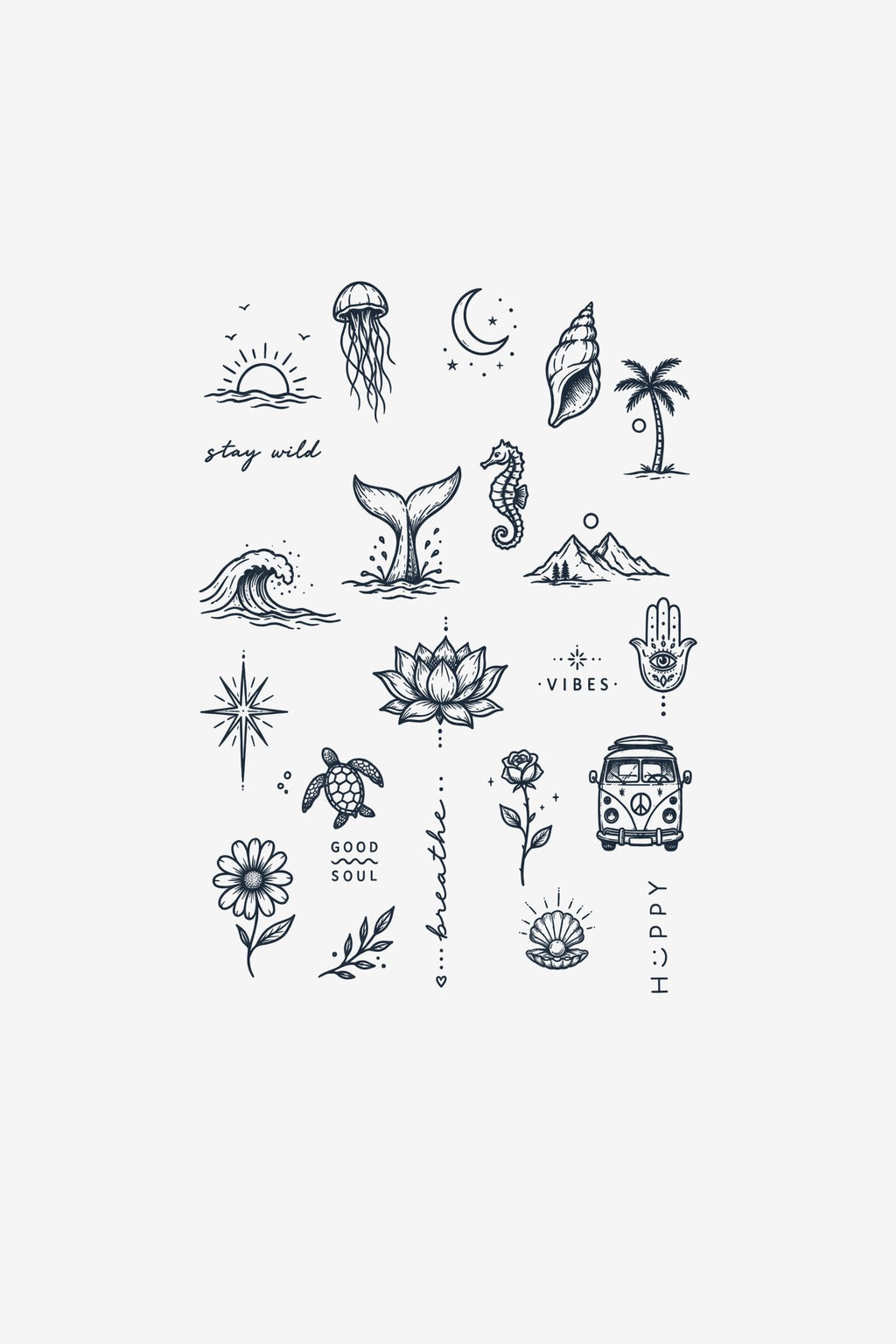 Set Oceanic, o planșă cu mai multe modele marine, testată ca tatuaj temporar